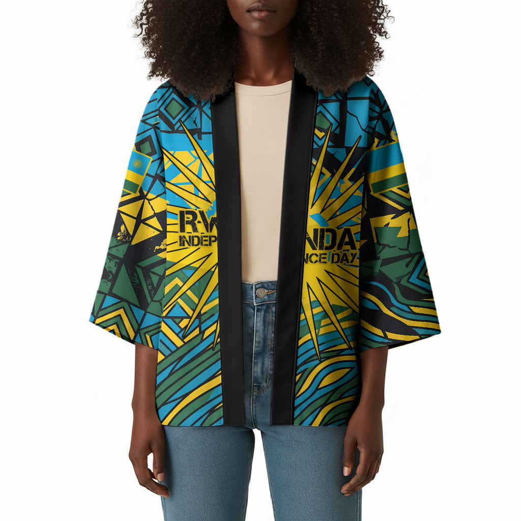 Rwanda Independence Day Kimono Tribal Geometric Pattern - National Coat Of Arms And Sunburst