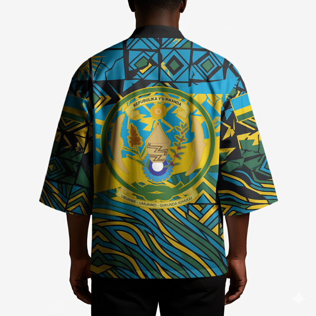 Rwanda Independence Day Kimono Tribal Geometric Pattern - National Coat Of Arms And Sunburst