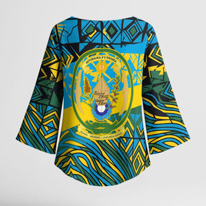 Rwanda Independence Day Kimono Sleeve Blouse Tribal Geometric Pattern - National Coat Of Arms And Sunburst