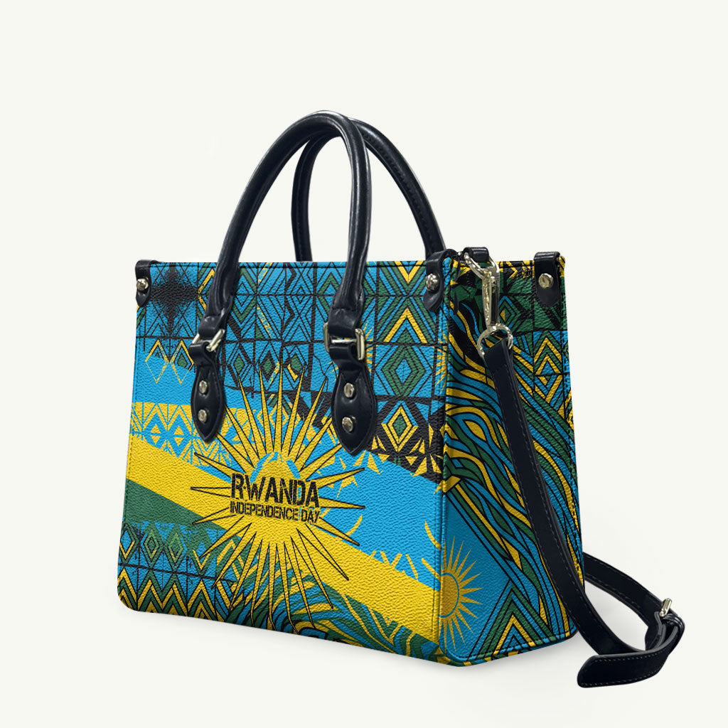 Rwanda Independence Day Leather Bag Tribal Geometric Pattern - National Coat Of Arms And Sunburst