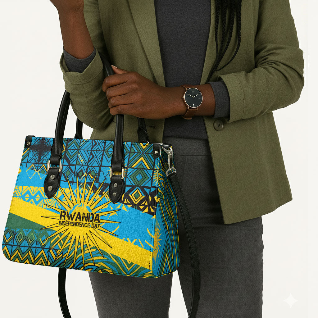 Rwanda Independence Day Leather Bag Tribal Geometric Pattern - National Coat Of Arms And Sunburst