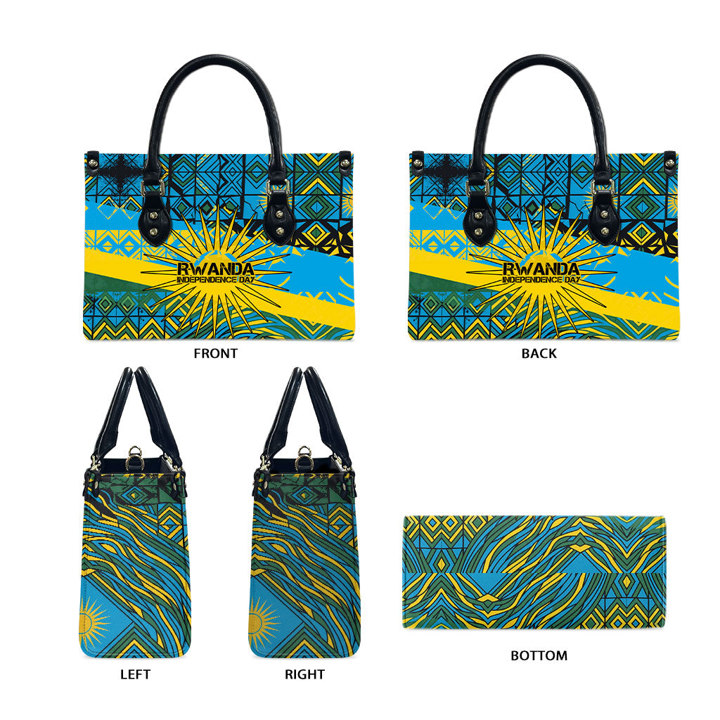 Rwanda Independence Day Leather Bag Tribal Geometric Pattern - National Coat Of Arms And Sunburst