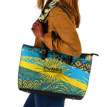 Rwanda Independence Day Leather Tote Bag Tribal Geometric Pattern - National Coat Of Arms And Sunburst
