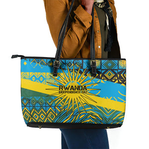 Rwanda Independence Day Leather Tote Bag Tribal Geometric Pattern - National Coat Of Arms And Sunburst