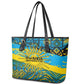 Rwanda Independence Day Leather Tote Bag Tribal Geometric Pattern - National Coat Of Arms And Sunburst