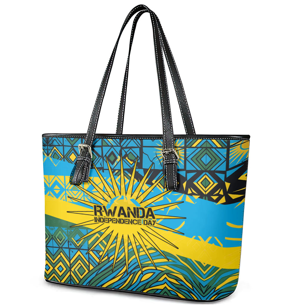 Rwanda Independence Day Leather Tote Bag Tribal Geometric Pattern - National Coat Of Arms And Sunburst