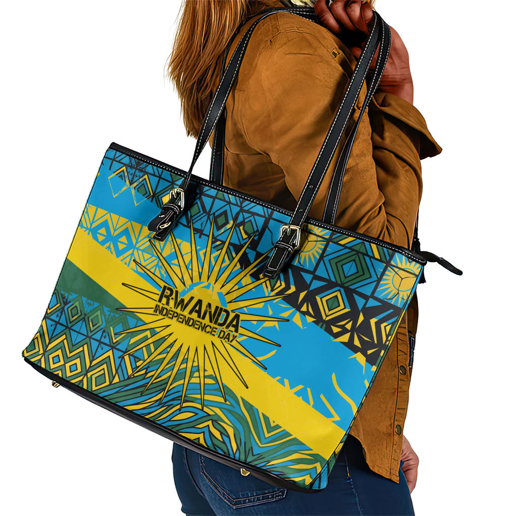Rwanda Independence Day Leather Tote Bag Tribal Geometric Pattern - National Coat Of Arms And Sunburst