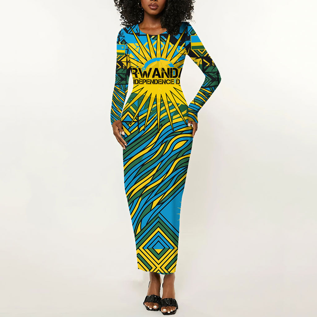 Rwanda Independence Day Long Sleeve Bodycon Dress Tribal Geometric Pattern - National Coat Of Arms And Sunburst