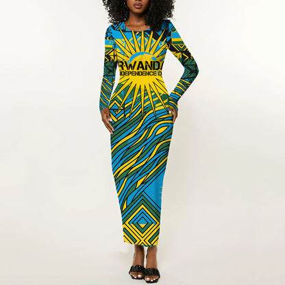 Rwanda Independence Day Long Sleeve Bodycon Dress Tribal Geometric Pattern - National Coat Of Arms And Sunburst