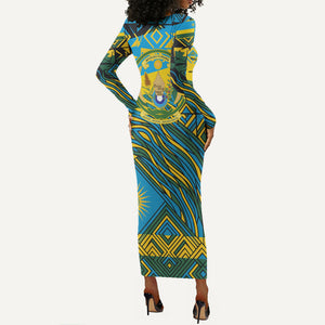 Rwanda Independence Day Long Sleeve Bodycon Dress Tribal Geometric Pattern - National Coat Of Arms And Sunburst