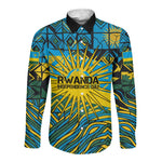 Rwanda Independence Day Long Sleeve Button Shirt Tribal Geometric Pattern - National Coat Of Arms And Sunburst