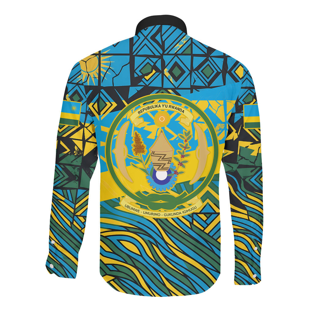 Rwanda Independence Day Long Sleeve Button Shirt Tribal Geometric Pattern - National Coat Of Arms And Sunburst