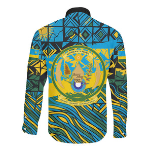 Rwanda Independence Day Long Sleeve Button Shirt Tribal Geometric Pattern - National Coat Of Arms And Sunburst