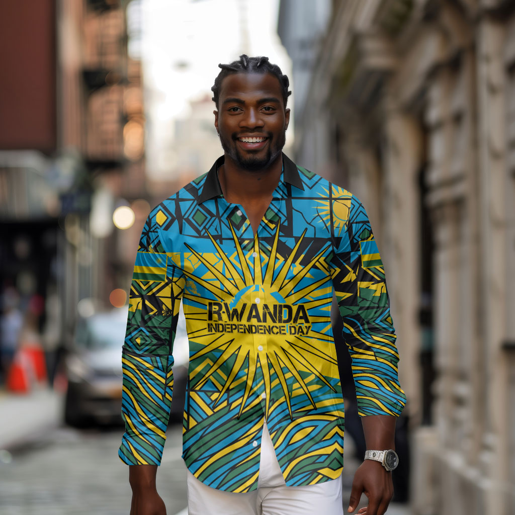 Rwanda Independence Day Long Sleeve Button Shirt Tribal Geometric Pattern - National Coat Of Arms And Sunburst