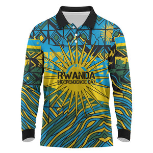 Rwanda Independence Day Long Sleeve Polo Shirt Tribal Geometric Pattern - National Coat Of Arms And Sunburst