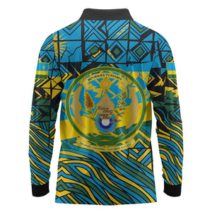 Rwanda Independence Day Long Sleeve Polo Shirt Tribal Geometric Pattern - National Coat Of Arms And Sunburst