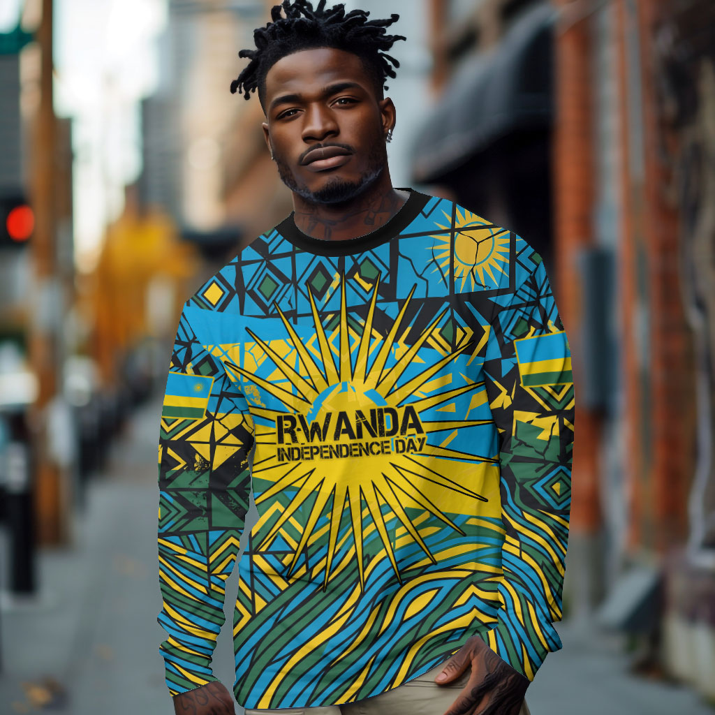 Rwanda Independence Day Long Sleeve Shirt Tribal Geometric Pattern - National Coat Of Arms And Sunburst