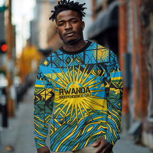 Rwanda Independence Day Long Sleeve Shirt Tribal Geometric Pattern - National Coat Of Arms And Sunburst