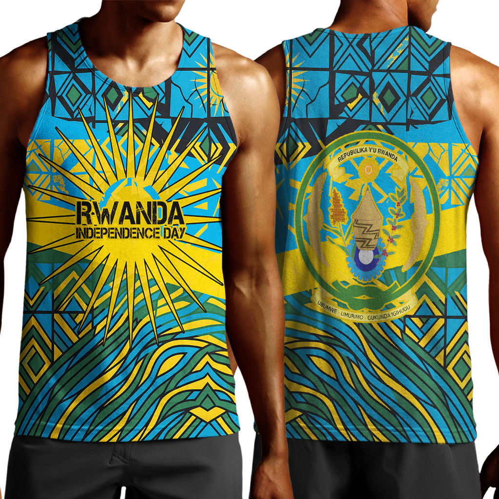 Rwanda Independence Day Men Tank Top Tribal Geometric Pattern - National Coat Of Arms And Sunburst