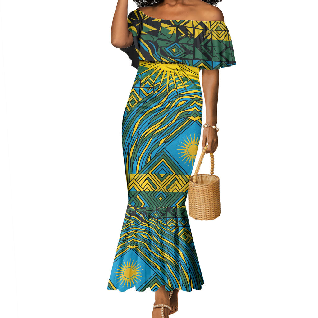 Rwanda Independence Day Mermaid Dress Tribal Geometric Pattern - National Coat Of Arms And Sunburst