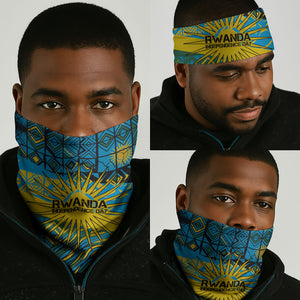 Rwanda Independence Day Neck Gaiter Tribal Geometric Pattern - National Coat Of Arms And Sunburst