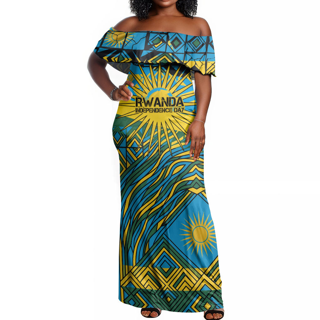 Rwanda Independence Day Off Shoulder Maxi Dress Tribal Geometric Pattern - National Coat Of Arms And Sunburst