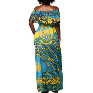 Rwanda Independence Day Off Shoulder Maxi Dress Tribal Geometric Pattern - National Coat Of Arms And Sunburst