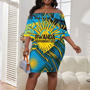 Rwanda Independence Day Off Shoulder Short Dress Tribal Geometric Pattern - National Coat Of Arms And Sunburst