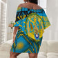 Rwanda Independence Day Off Shoulder Short Dress Tribal Geometric Pattern - National Coat Of Arms And Sunburst