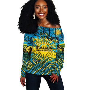 Rwanda Independence Day Off Shoulder Sweater Tribal Geometric Pattern - National Coat Of Arms And Sunburst