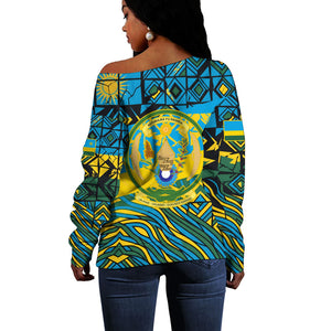 Rwanda Independence Day Off Shoulder Sweater Tribal Geometric Pattern - National Coat Of Arms And Sunburst