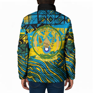 Rwanda Independence Day Padded Jacket Tribal Geometric Pattern - National Coat Of Arms And Sunburst