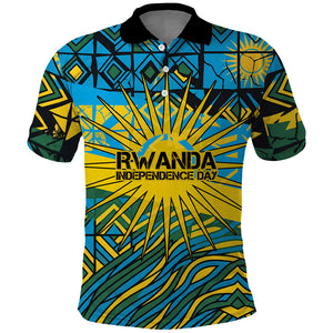 Rwanda Independence Day Polo Shirt Tribal Geometric Pattern - National Coat Of Arms And Sunburst