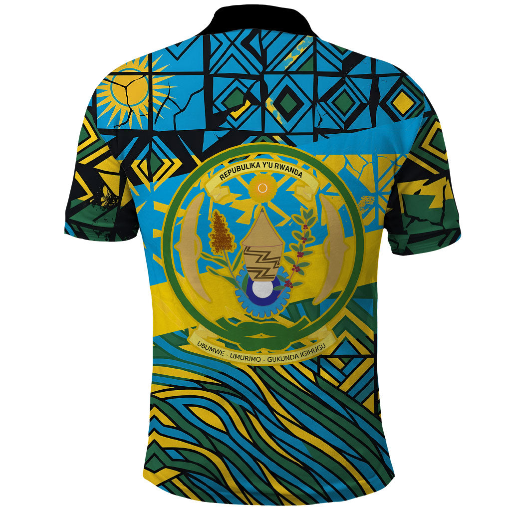 Rwanda Independence Day Polo Shirt Tribal Geometric Pattern - National Coat Of Arms And Sunburst