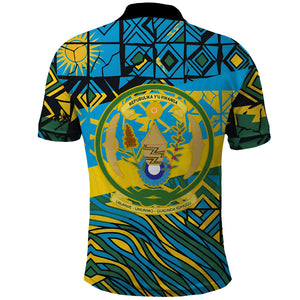 Rwanda Independence Day Polo Shirt Tribal Geometric Pattern - National Coat Of Arms And Sunburst