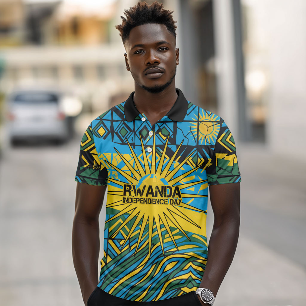 Rwanda Independence Day Polo Shirt Tribal Geometric Pattern - National Coat Of Arms And Sunburst