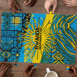 Rwanda Independence Day Puzzle Tribal Geometric Pattern - National Coat Of Arms And Sunburst