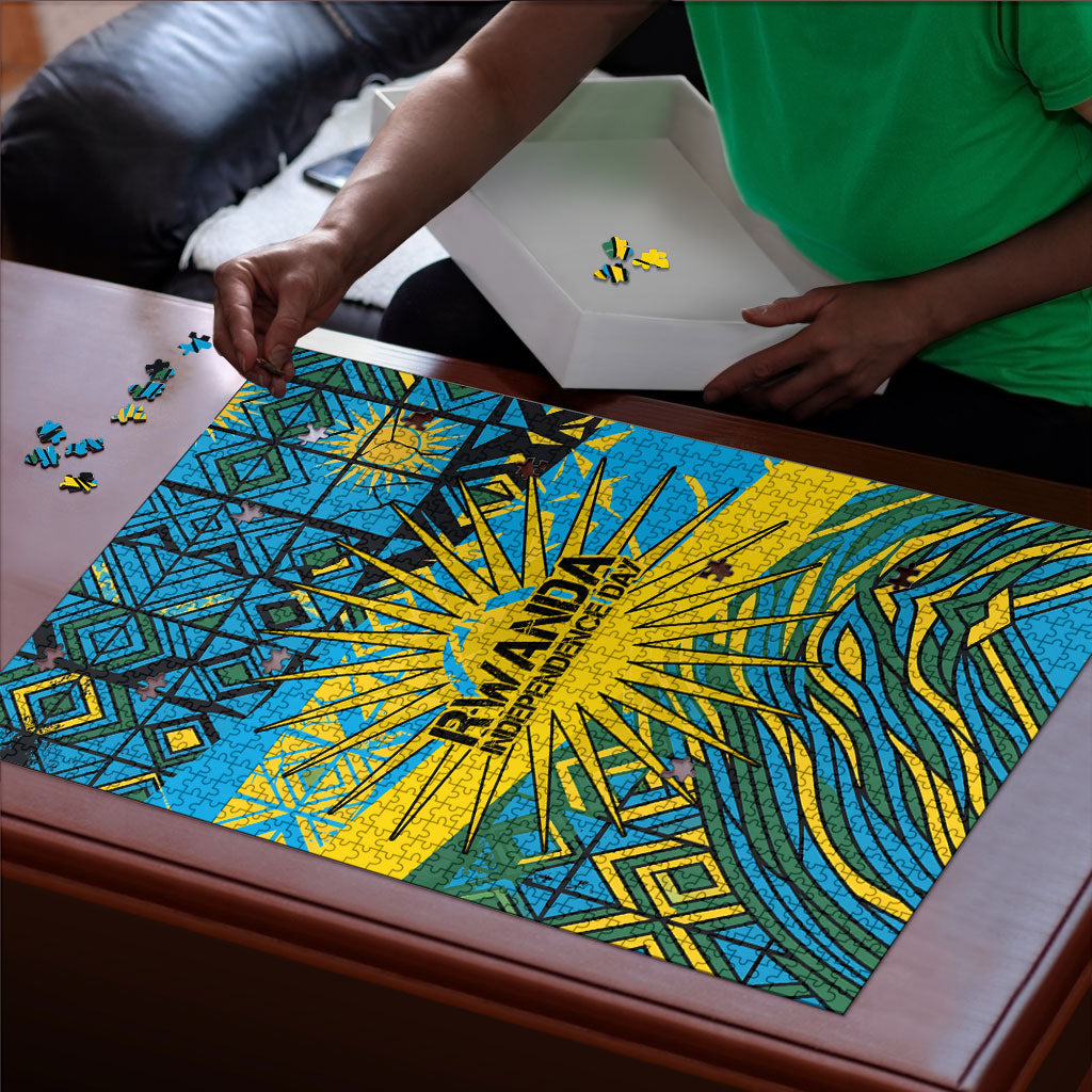 Rwanda Independence Day Puzzle Tribal Geometric Pattern - National Coat Of Arms And Sunburst