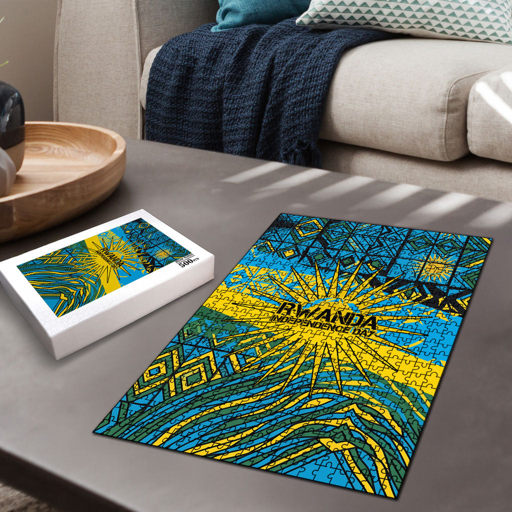 Rwanda Independence Day Puzzle Tribal Geometric Pattern - National Coat Of Arms And Sunburst