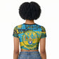 Rwanda Independence Day Raglan Cropped T shirt Tribal Geometric Pattern - National Coat Of Arms And Sunburst