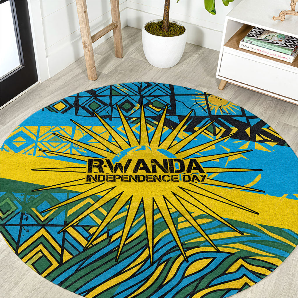 Rwanda Independence Day Round Carpet Tribal Geometric Pattern - National Coat Of Arms And Sunburst