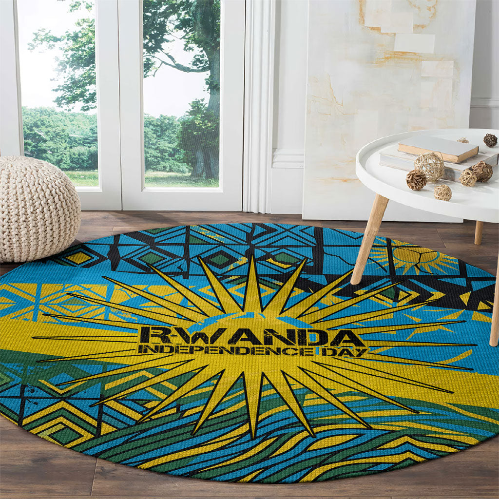 Rwanda Independence Day Round Carpet Tribal Geometric Pattern - National Coat Of Arms And Sunburst