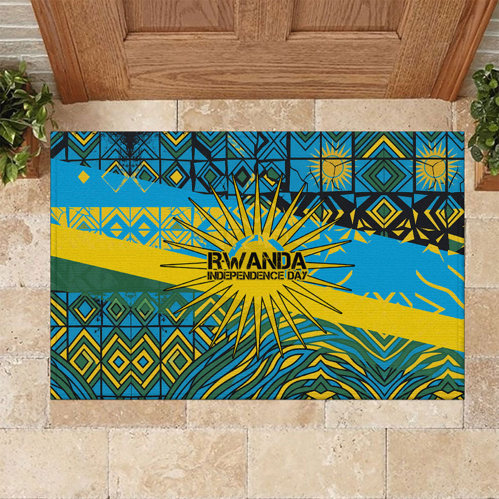 Rwanda Independence Day Rubber Doormat Tribal Geometric Pattern - National Coat Of Arms And Sunburst