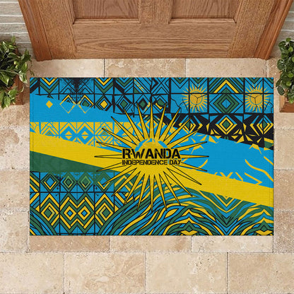 Rwanda Independence Day Rubber Doormat Tribal Geometric Pattern - National Coat Of Arms And Sunburst