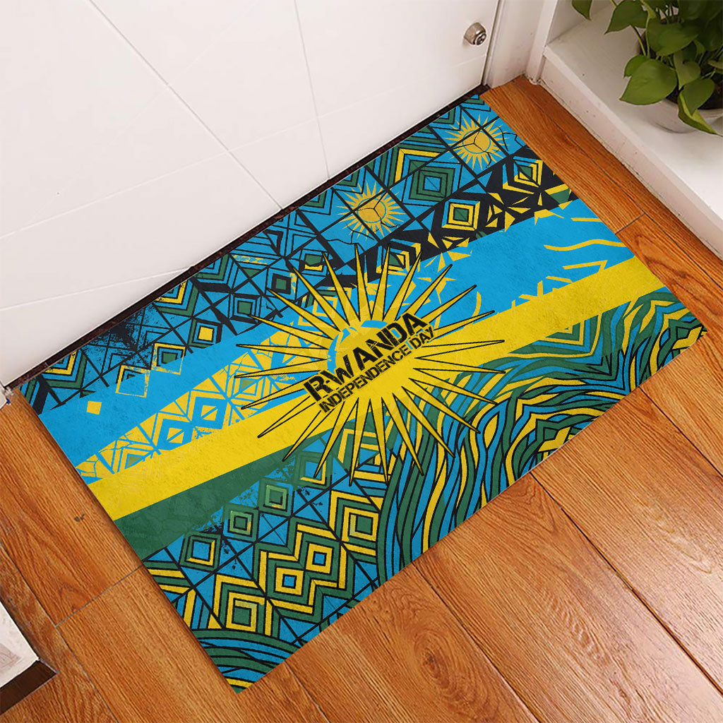 Rwanda Independence Day Rubber Doormat Tribal Geometric Pattern - National Coat Of Arms And Sunburst