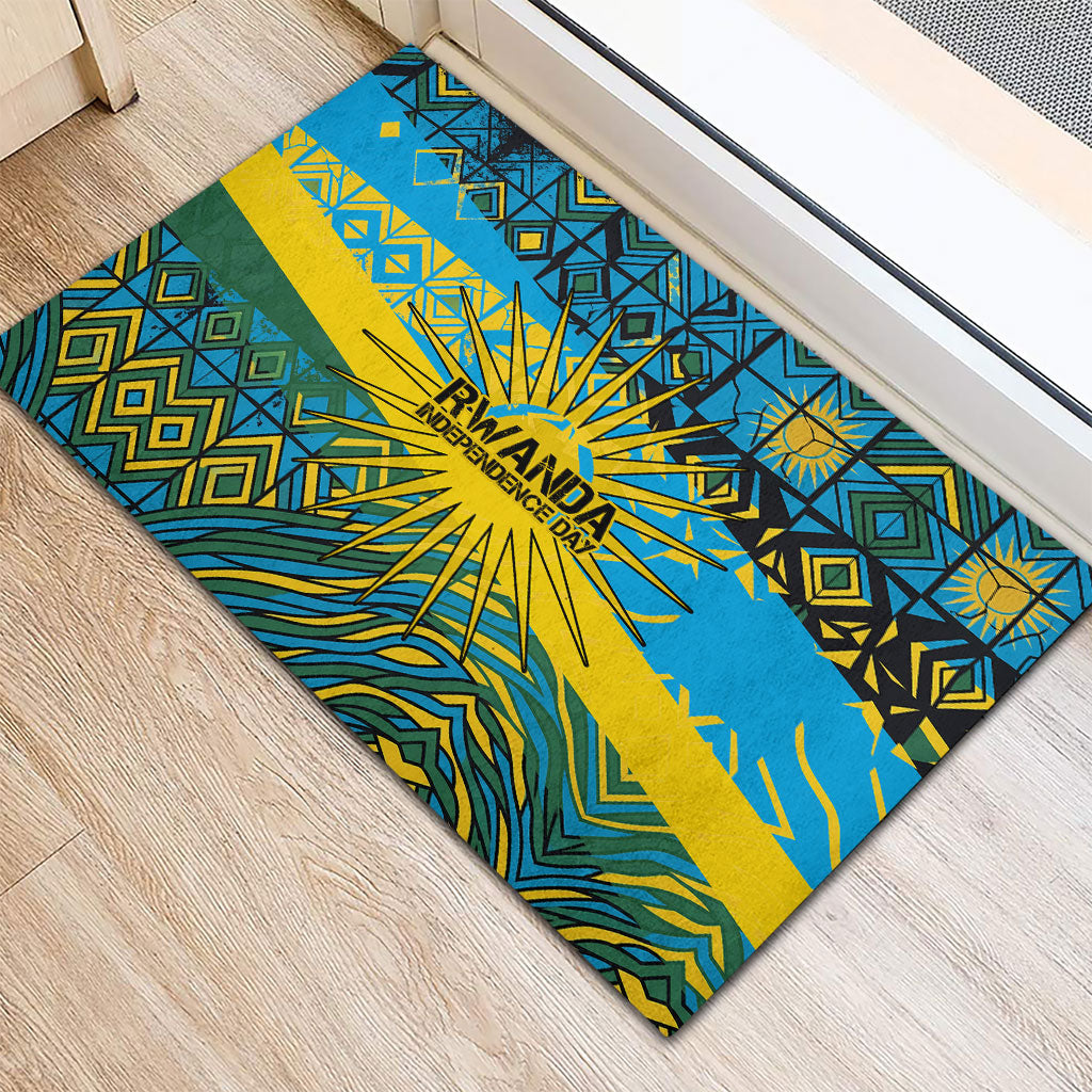Rwanda Independence Day Rubber Doormat Tribal Geometric Pattern - National Coat Of Arms And Sunburst