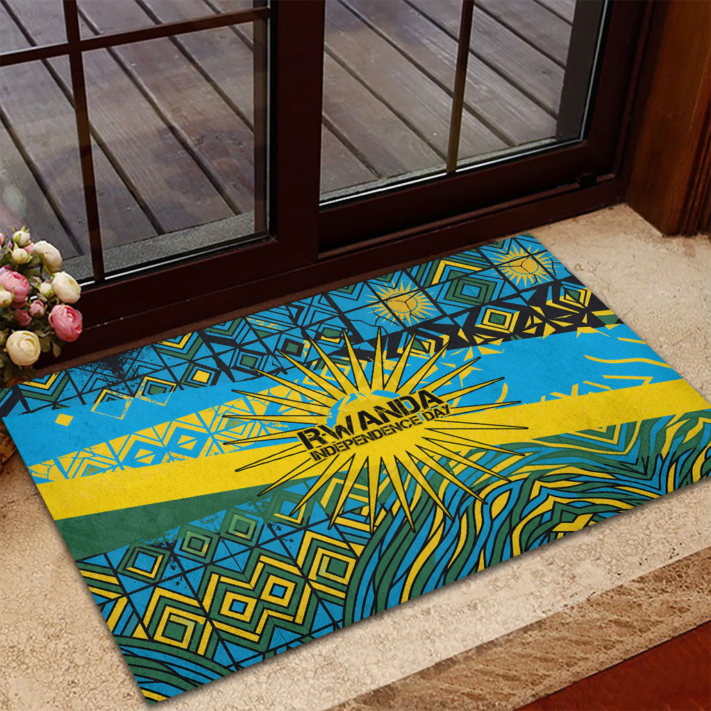 Rwanda Independence Day Rubber Doormat Tribal Geometric Pattern - National Coat Of Arms And Sunburst