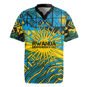 Rwanda Independence Day Rugby Jersey Tribal Geometric Pattern - National Coat Of Arms And Sunburst