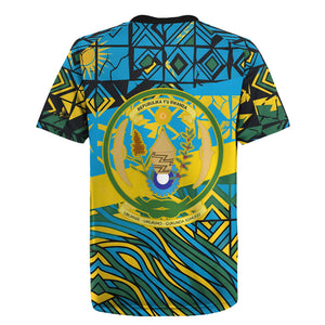 Rwanda Independence Day Rugby Jersey Tribal Geometric Pattern - National Coat Of Arms And Sunburst