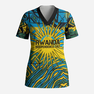 Rwanda Independence Day Scrub Top Tribal Geometric Pattern - National Coat Of Arms And Sunburst